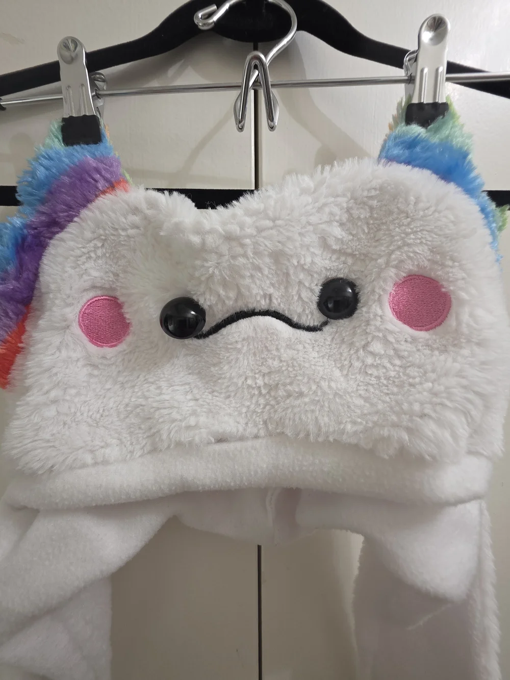 White Axolotl Plush Rainbow-Ear Hat with Hand Pockets